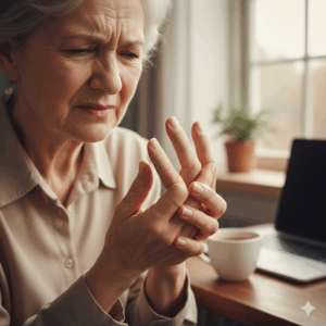 손가락관염염을 앓는 할머니가 손가락에 파스를 붙였다