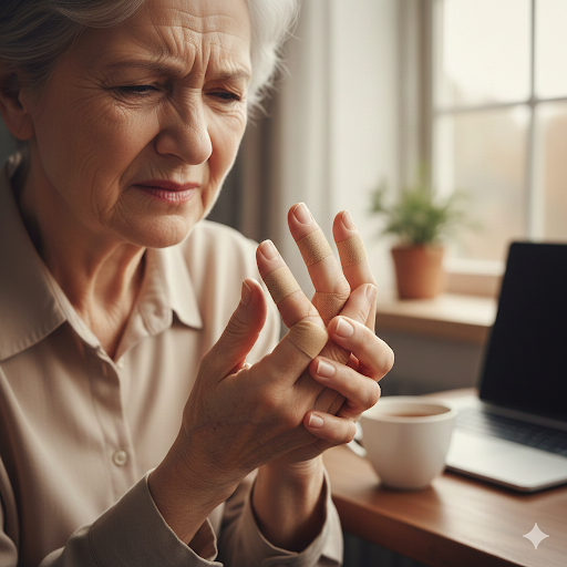 손가락관절염을 앓는 할머니가 손가락에 파스를 붙였다